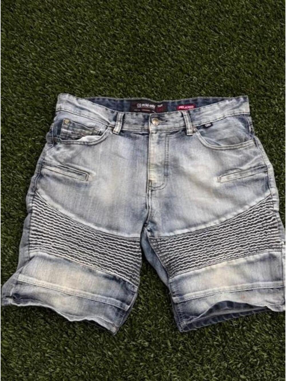 Echo Men's Blue Denim Y2K Shorts with Black Wavy Stripe Pattern Size 36